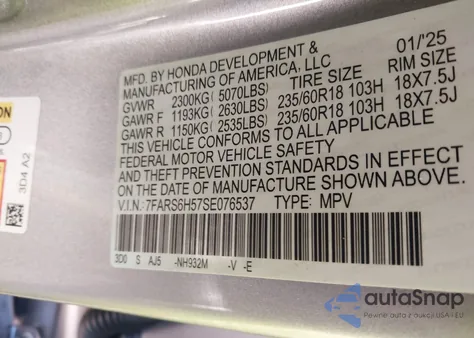 2025 Honda Cr-V Hybrid Sport z USA, uszkodzony, nr VIN 7FARS6H57SE076537